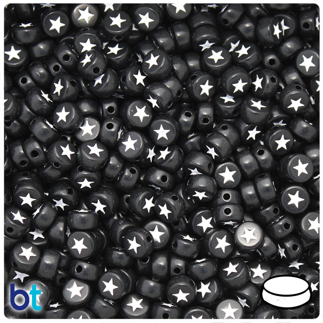 BeadTin Black Opaque 7mm Coin Plastic Alpha Beads - White Stars (250pcs)